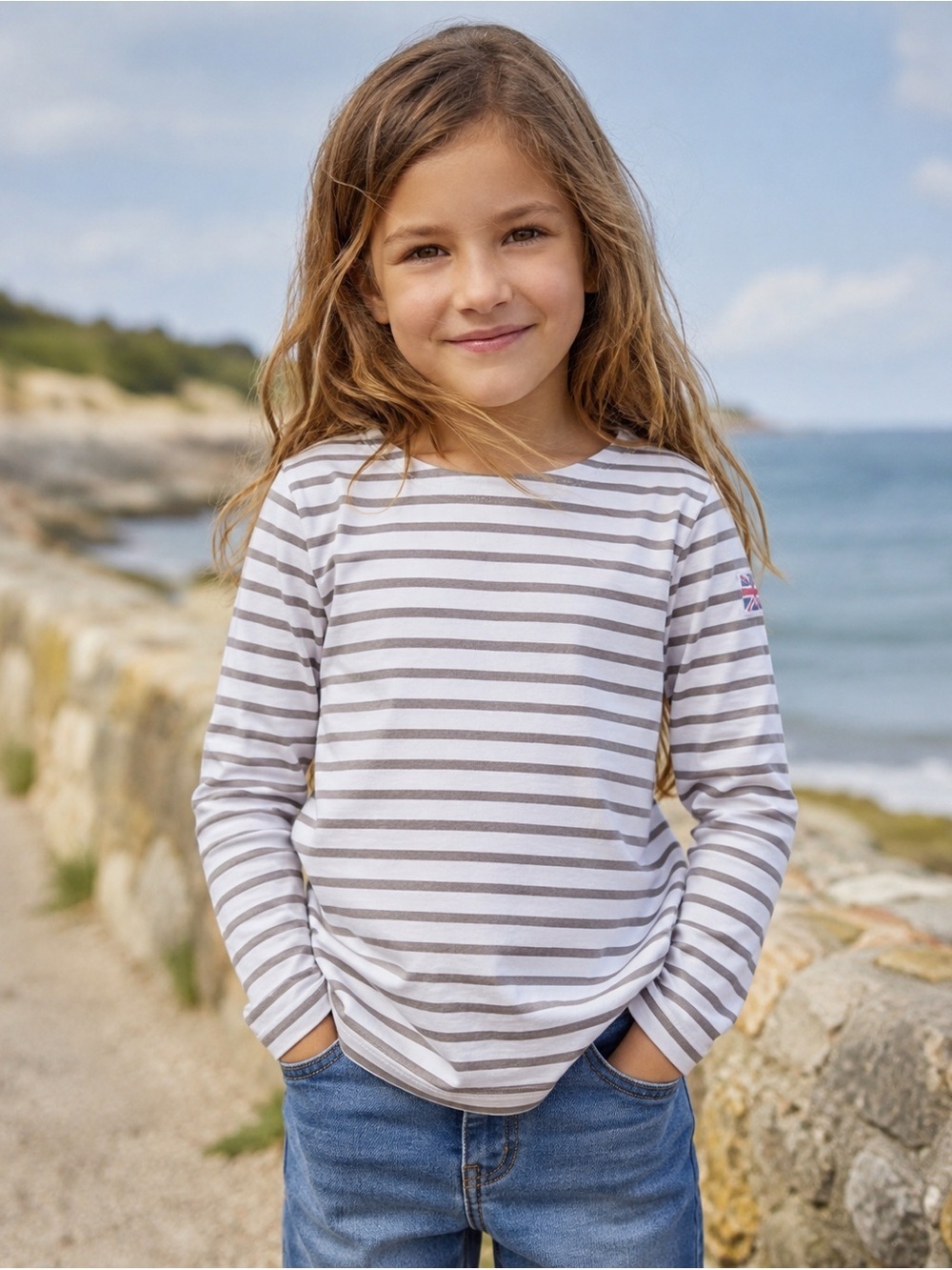 Mini Boden Girls Top Sz 9 10 Years Gray White Stripe Cotton Boat Neck Shirt